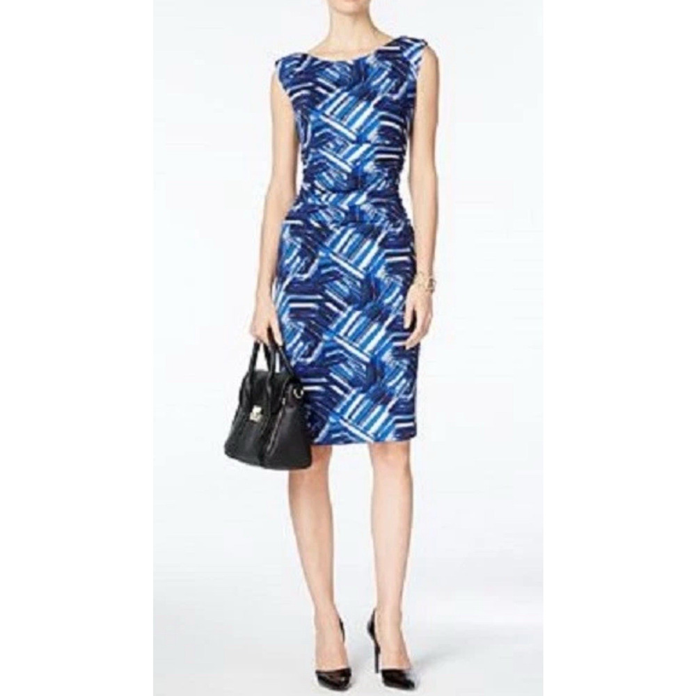 Nine West 3946 Blue 14 Abstract Ruched Waist Stretch Jersey Sheath Dress $98 - Picture 3 of 16